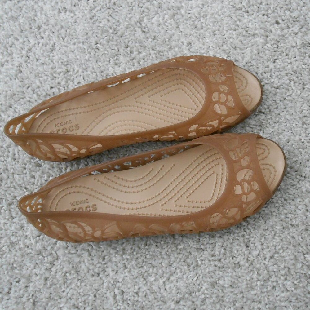 Crocs Adrina Casual Comfort Slip on Jelly Flats Brown/Beige Peep Toe Sz 5